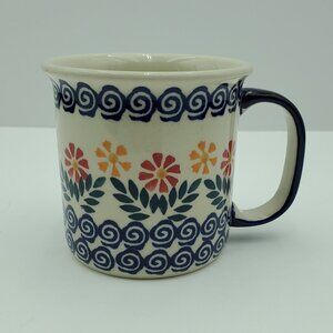 Polish Pottery Garden Bouquet Mug Red Yellow Gold Daisy Blue Swirl Mug